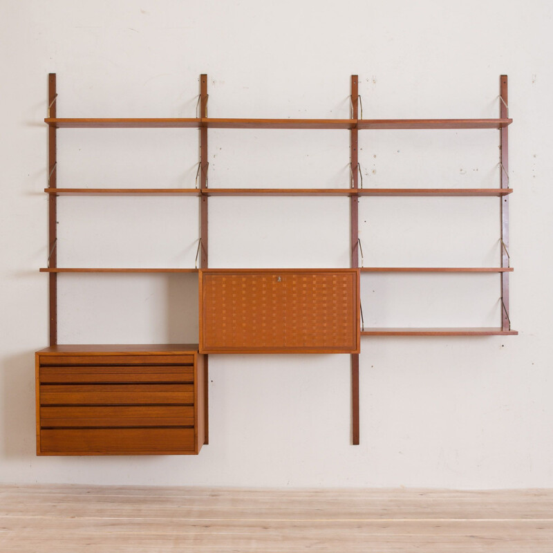 Vintage Poul Cadovius teak Royal wall unit with a desk cabinet and drawers and 9 shelves, Denmark 1960s