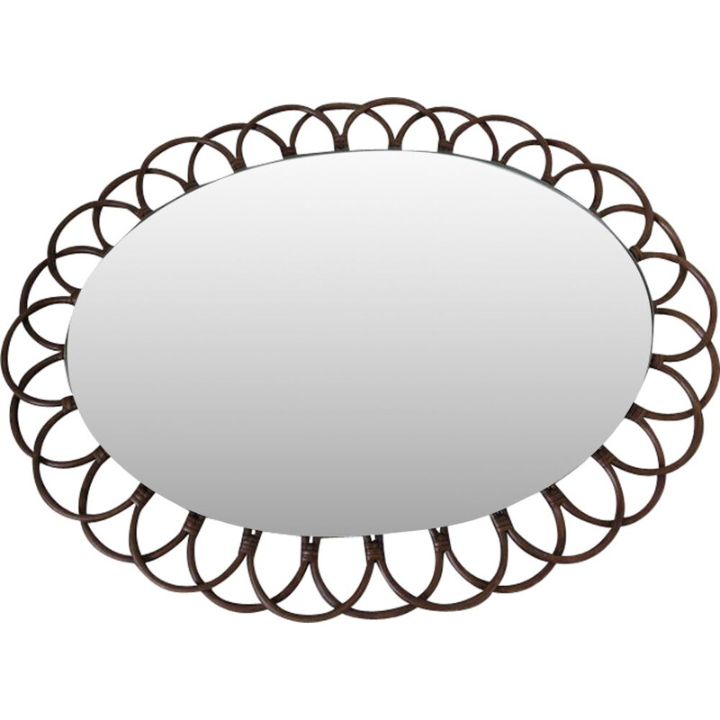 Vintage mirror oval flower in rattan 1960s