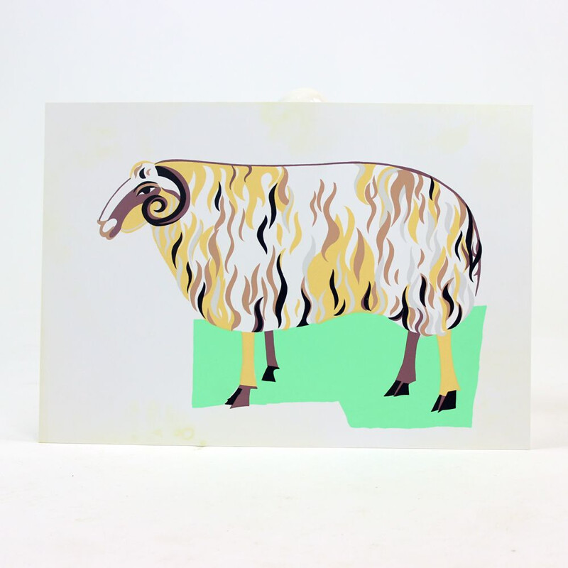 Vintage colored plastic wall art Illustration of Ram, Czechoslovakia 1960