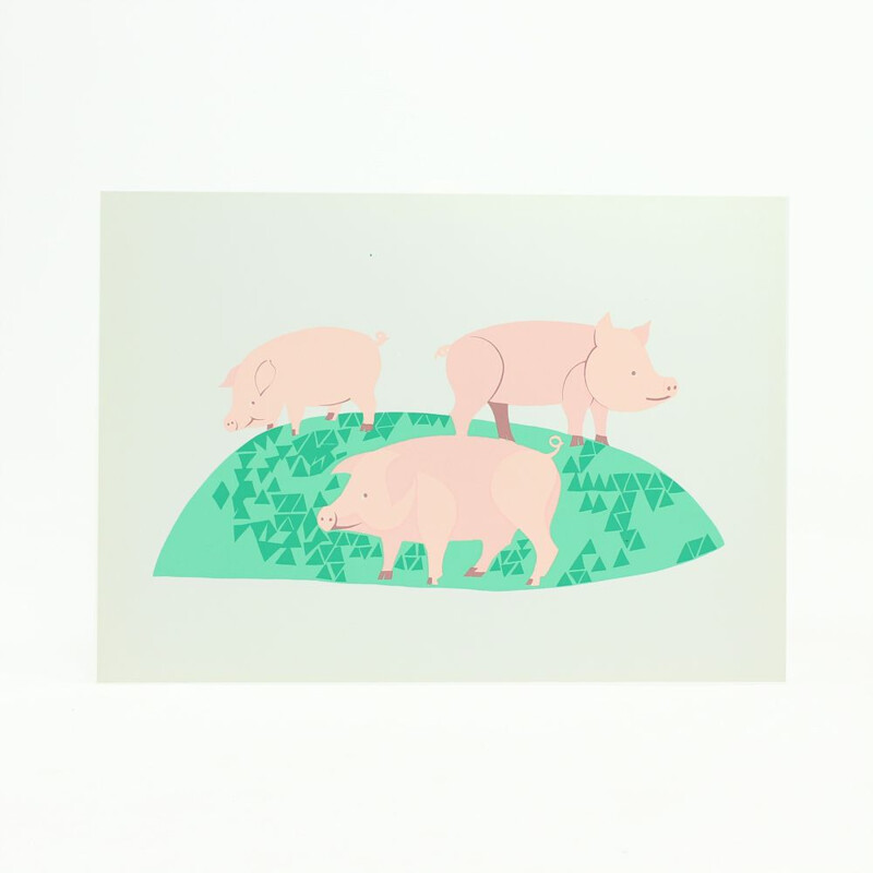 Vintage-Wandkunst aus farbigem Kunststoff Illustration von drei Schweinen, Tschechoslowakei 1960