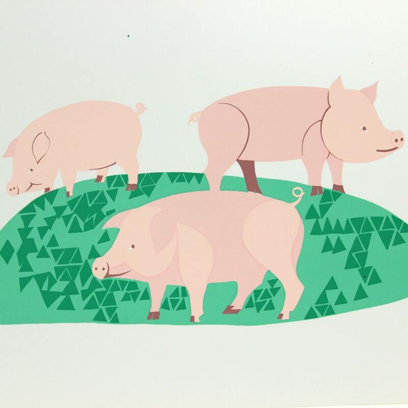 Vintage colored plastic wall art Illustration of three pigs, Czechoslovakia 1960