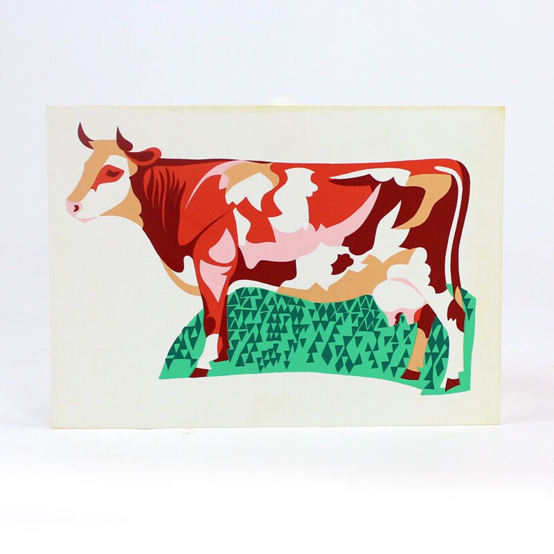 Vintage Colorful Plastic Wall Art Ilustration Of Cow, Czechoslovakia 1960s