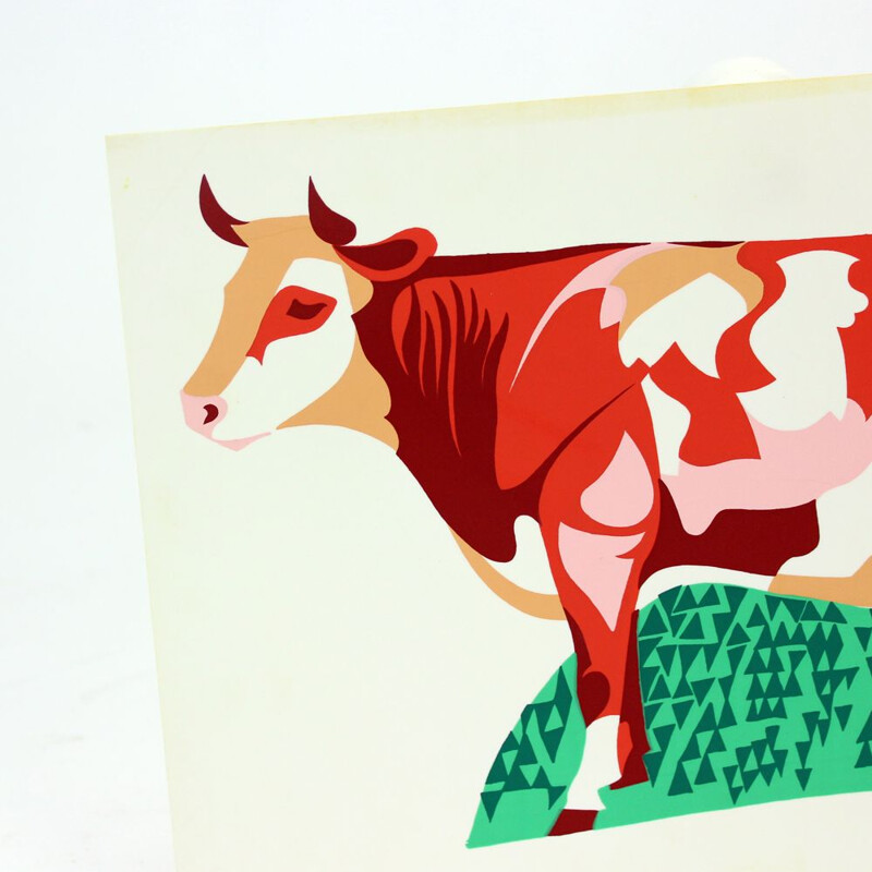 Vintage Colorful Plastic Wall Art Ilustration Of Cow, Czechoslovakia 1960s