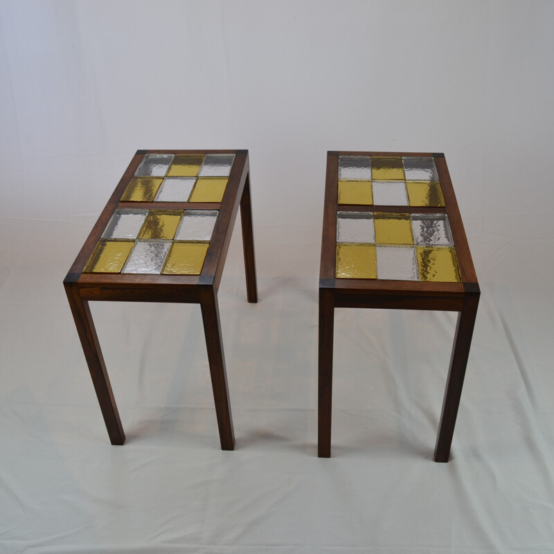 Paire de tables basses vintage en palissandre et carreaux de verre, Scandinaves