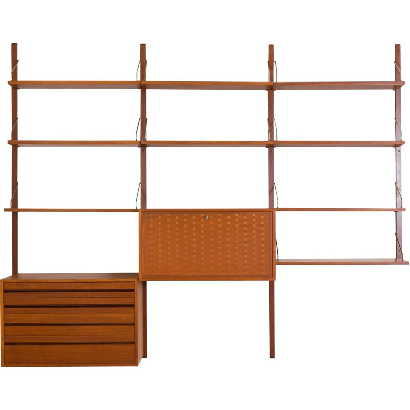 Vintage Poul Cadovius teak Royal wall unit with a desk cabinet and drawers and 9 shelves, Denmark 1960s