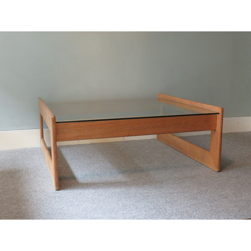 Vintage coffee table in oak and glass, Belgium 1960s