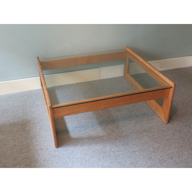 Vintage coffee table in oak and glass, Belgium 1960s