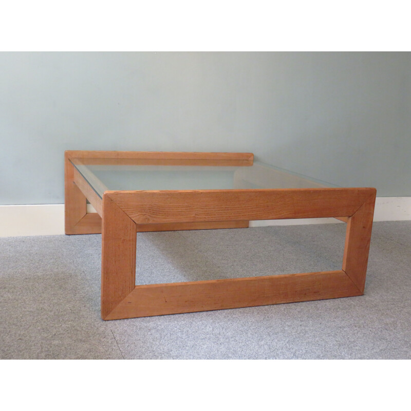 Vintage coffee table in oak and glass, Belgium 1960s