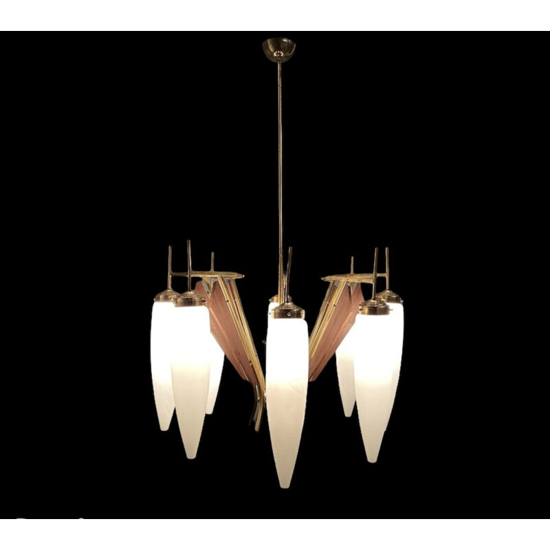 Stilnovo vintage chandelier in opaline glass, 1950