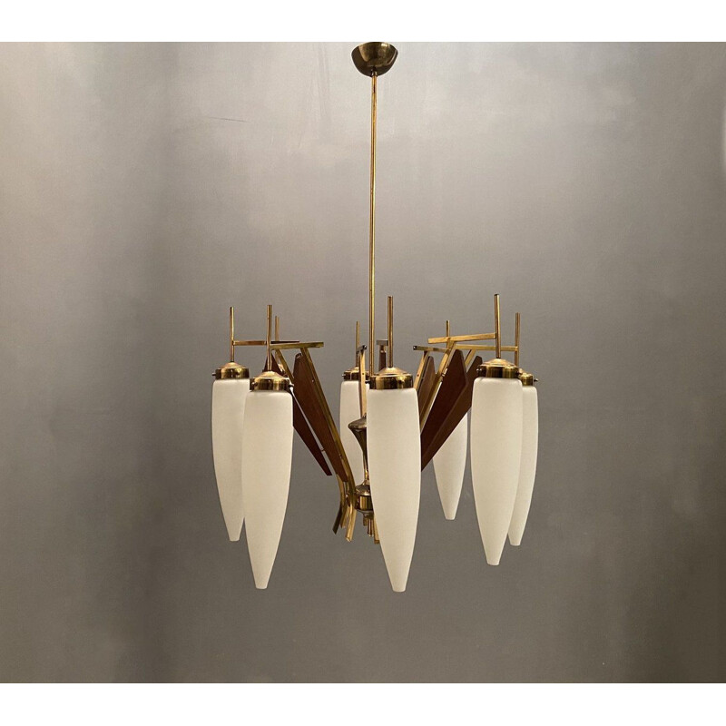 Stilnovo vintage chandelier in opaline glass, 1950