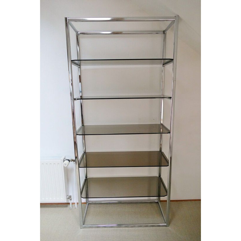 Vintage bookcase with chrome and smoked glass shelves 1970s