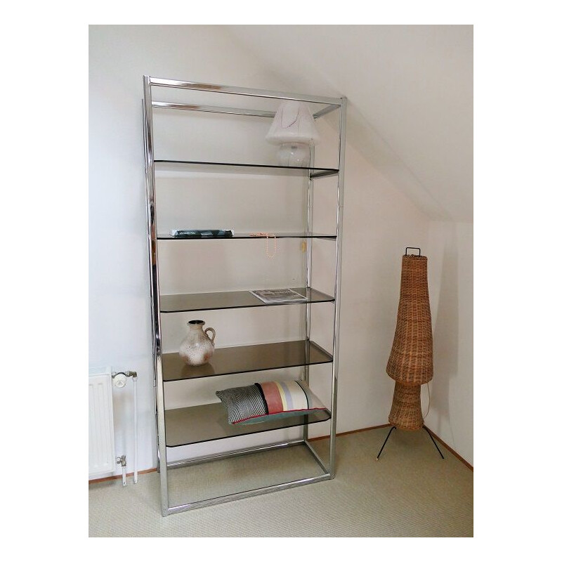Vintage bookcase with chrome and smoked glass shelves 1970s