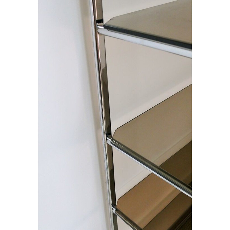 Vintage bookcase with chrome and smoked glass shelves 1970s