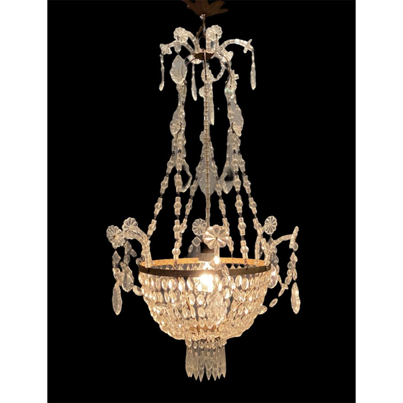 Vintage pearl crystal and gilt metal chandelier, 1950