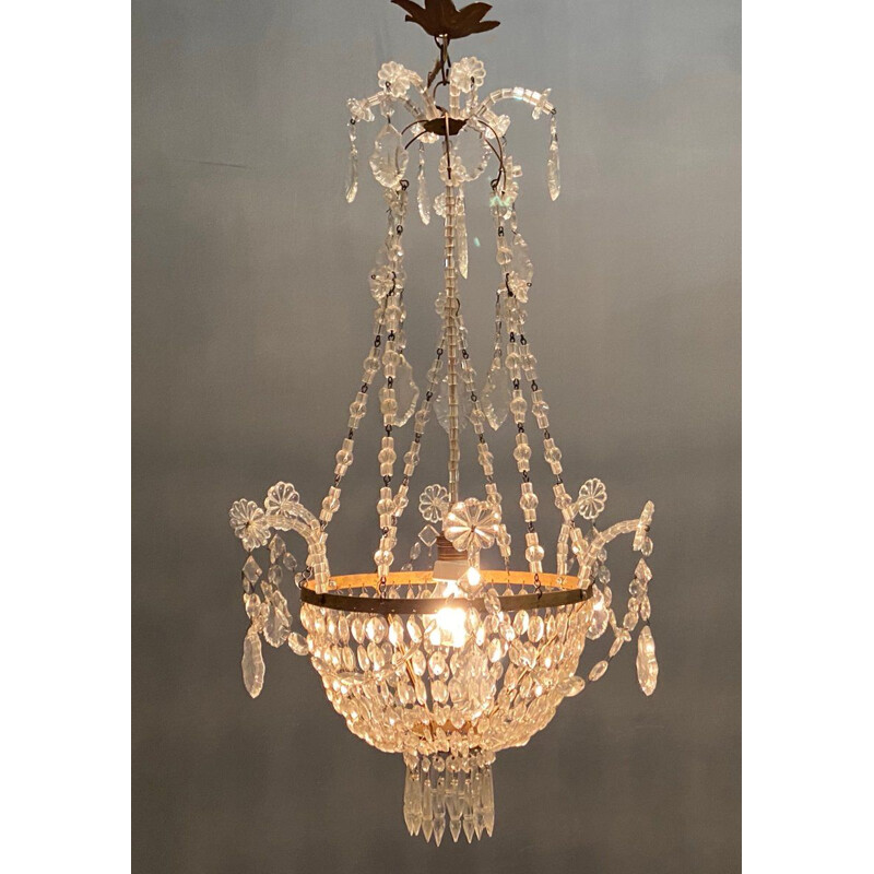 Vintage pearl crystal and gilt metal chandelier, 1950