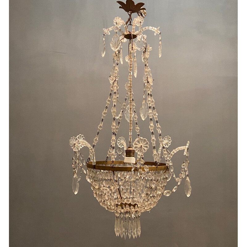 Vintage pearl crystal and gilt metal chandelier, 1950