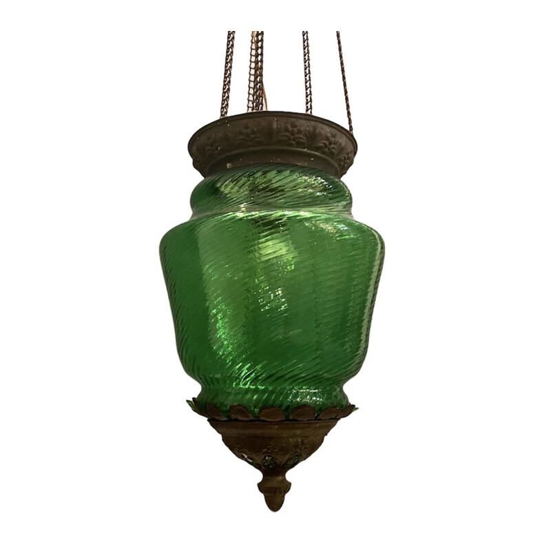 Vintage Liberty Green Glass Bronze Pendant Lamp 1920s
