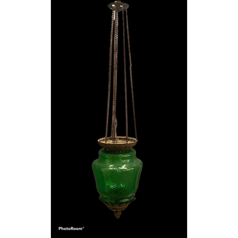 Vintage Liberty Green Glass Bronze Pendant Lamp 1920s