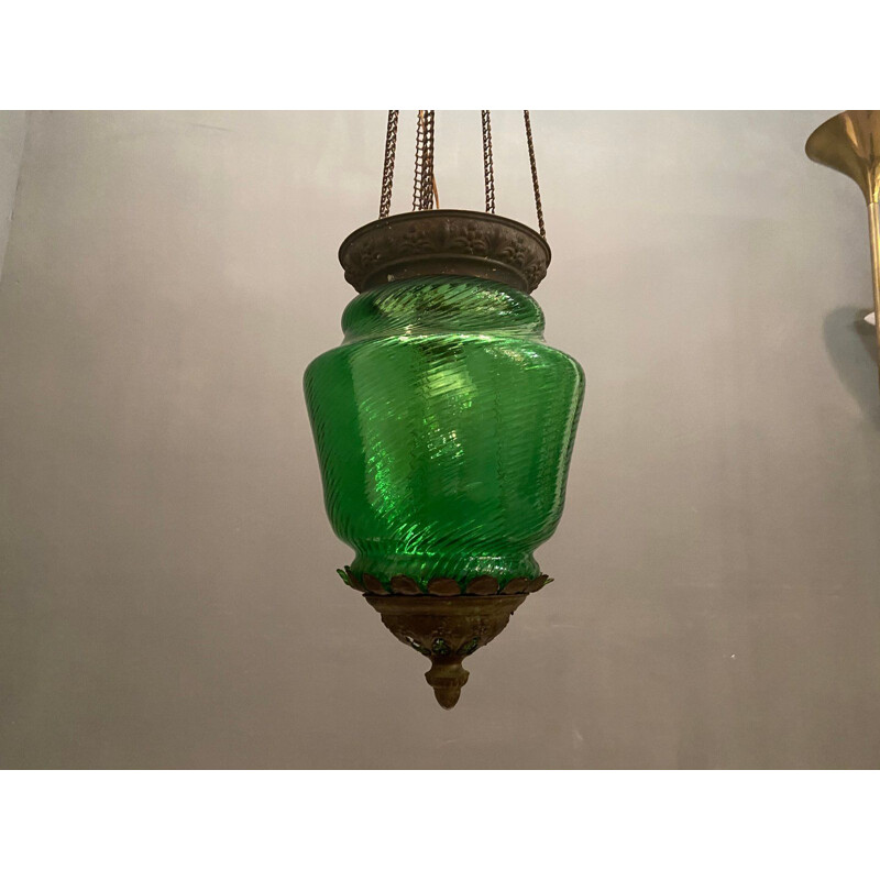 Vintage Liberty Green Glass Bronze Pendant Lamp 1920s