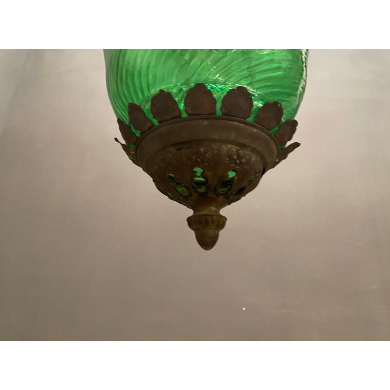 Vintage Liberty Green Glass Bronze Pendant Lamp 1920s