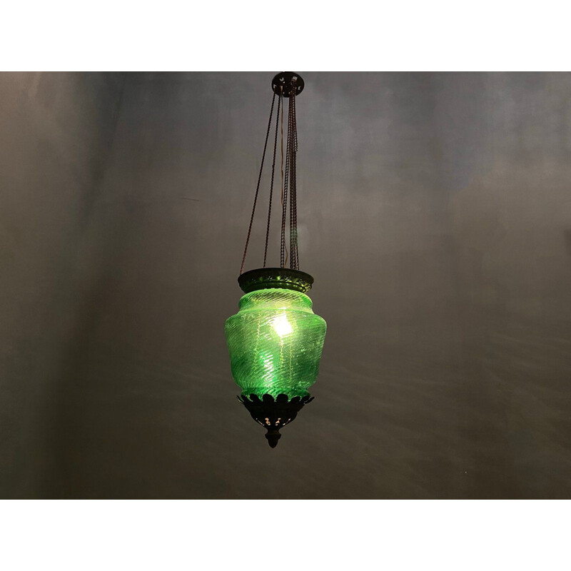 Vintage Liberty Green Glass Bronze Pendant Lamp 1920s