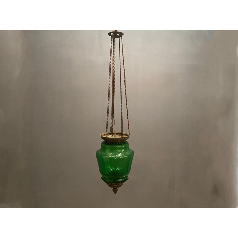 Vintage Liberty Green Glass Bronze Pendant Lamp 1920s