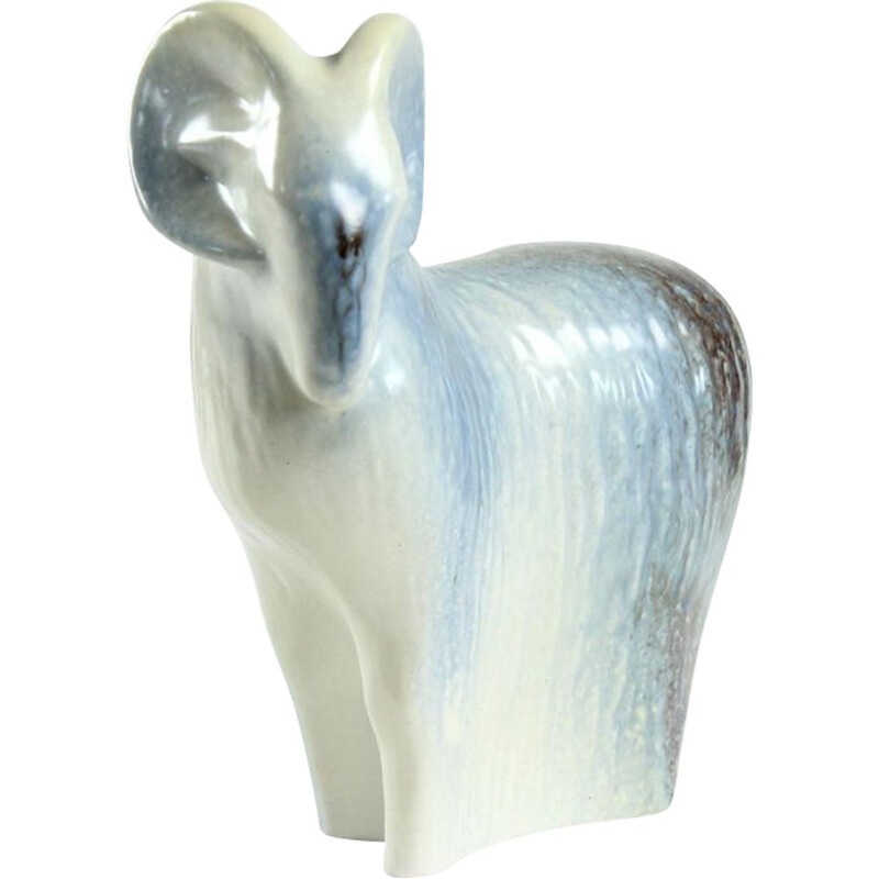 Vintage sculpture of a ram sheep in glazed ceramic, Czechoslovakia 1960