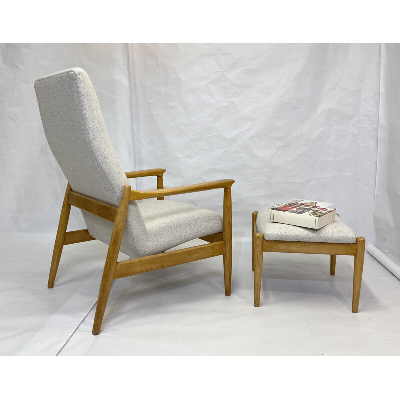 Vintage high back armchair with beige fabric ottoman by Edmund Homa 1970s