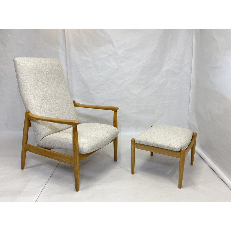 Vintage high back armchair with beige fabric ottoman by Edmund Homa 1970s