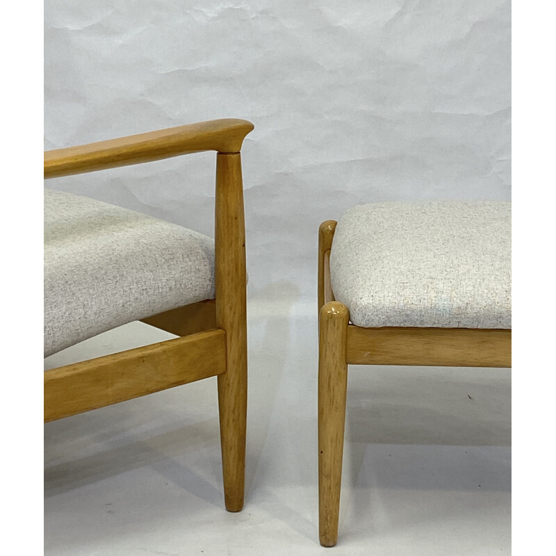 Vintage high back armchair with beige fabric ottoman by Edmund Homa 1970s