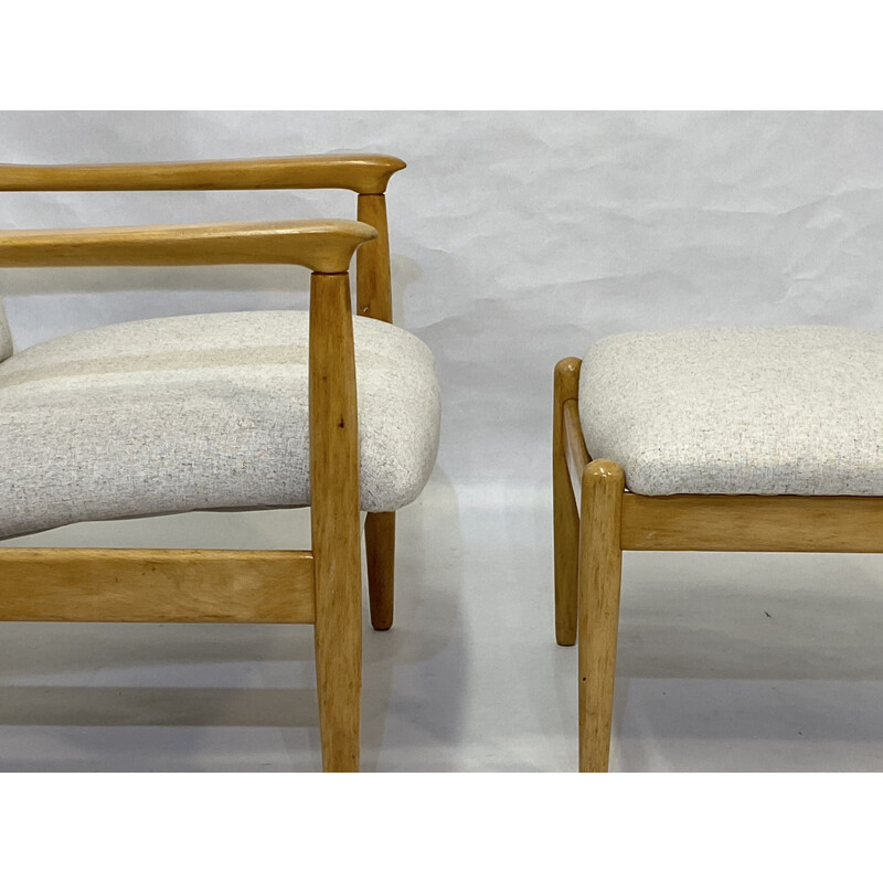 Vintage high back armchair with beige fabric ottoman by Edmund Homa 1970s