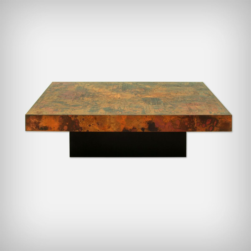 Grande table basse vintage en cuivre gravé et oxydé au feu par Bernhard Rohne, Allemand 1966