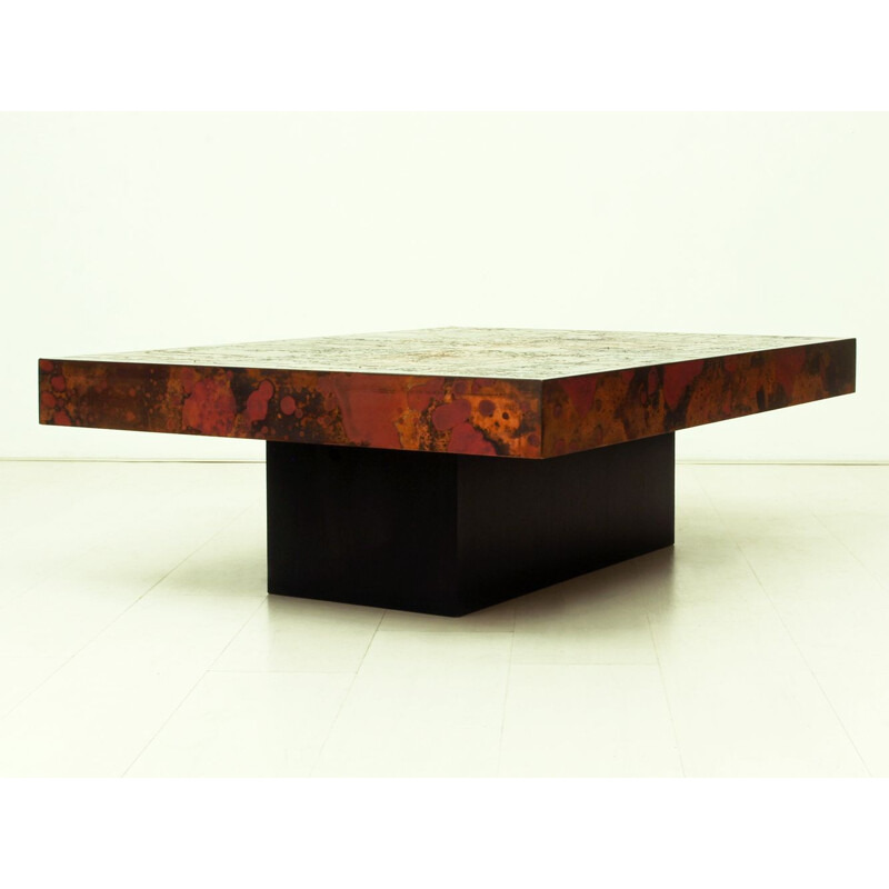 Large vintage Etched & Fire Oxidized Copper Coffee Table by Bernhard Rohne, German 1966s