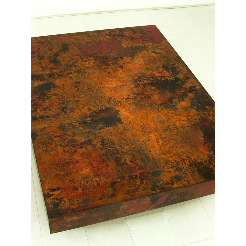 Large vintage Etched & Fire Oxidized Copper Coffee Table by Bernhard Rohne, German 1966s