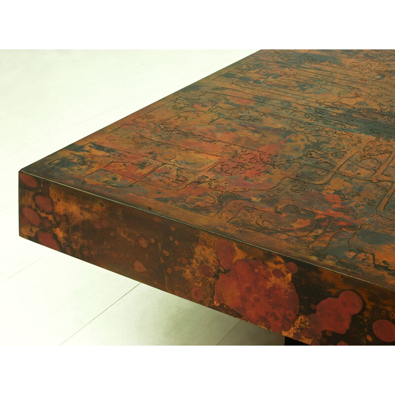 Large vintage Etched & Fire Oxidized Copper Coffee Table by Bernhard Rohne, German 1966s