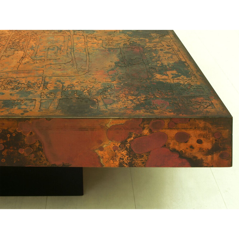 Large vintage Etched & Fire Oxidized Copper Coffee Table by Bernhard Rohne, German 1966s