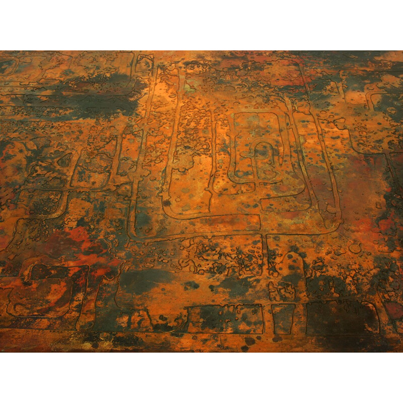 Grande table basse vintage en cuivre gravé et oxydé au feu par Bernhard Rohne, Allemand 1966