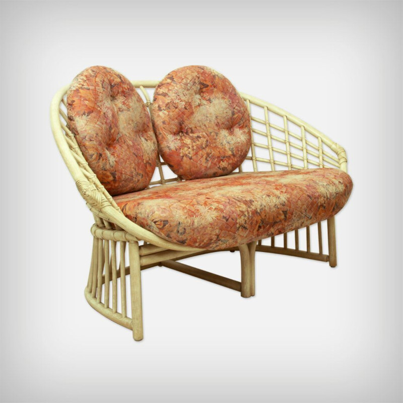 Vintage Multicolored Fabric & Rattan Two-Seater by Flechtatelier Schütz, German 1970s