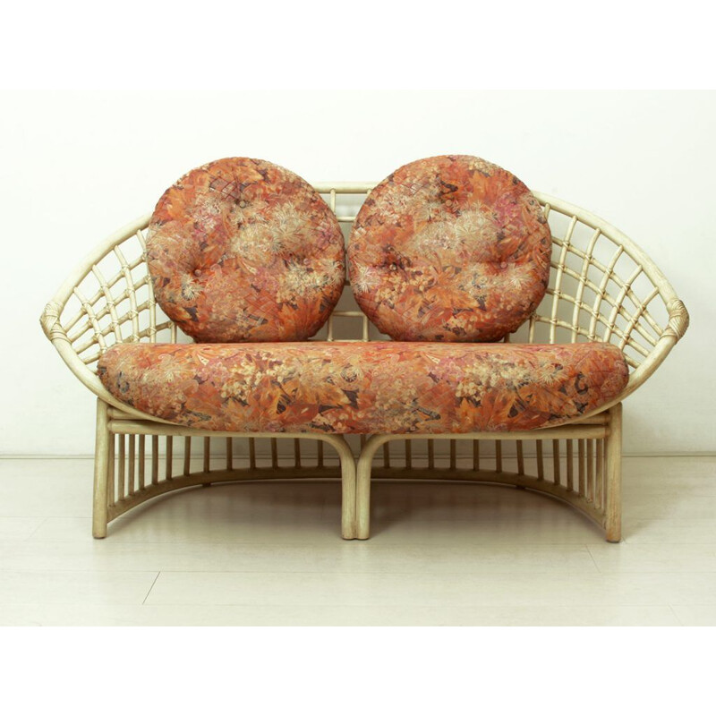 Vintage Multicolored Fabric & Rattan Two-Seater by Flechtatelier Schütz, German 1970s