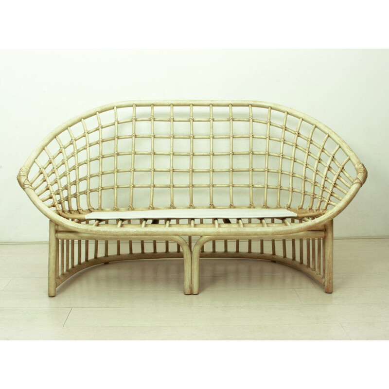 Vintage Multicolored Fabric & Rattan Two-Seater by Flechtatelier Schütz, German 1970s