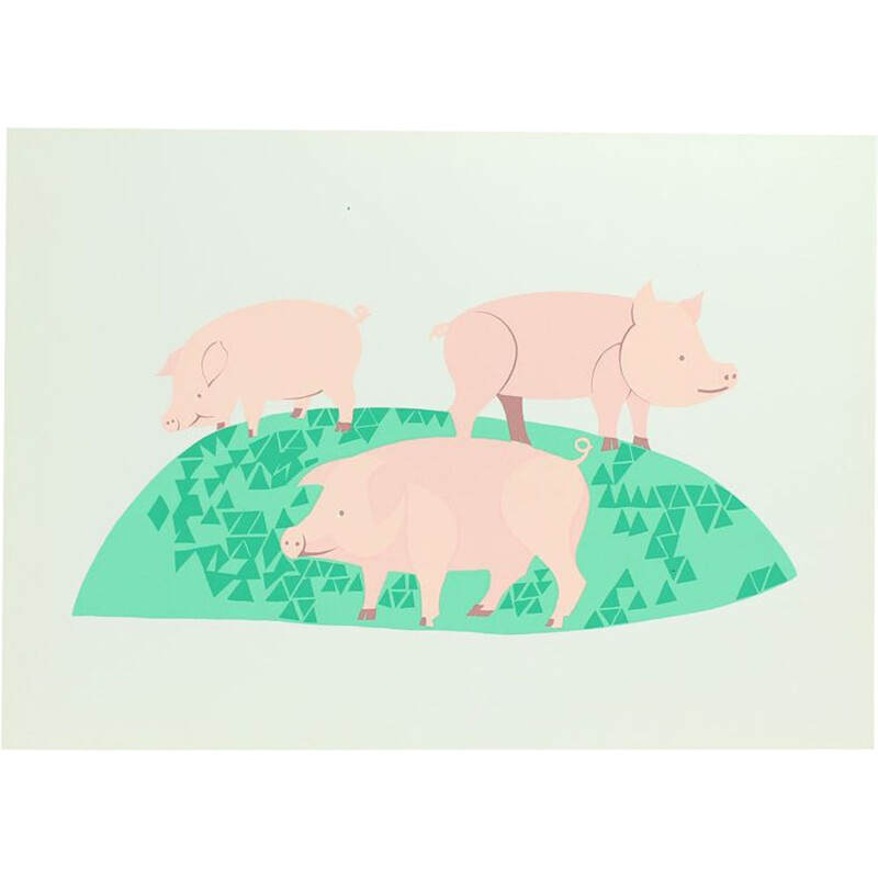 Arte da parede plástica colorida Vintage Ilustração de três porcos, Checoslováquia 1960