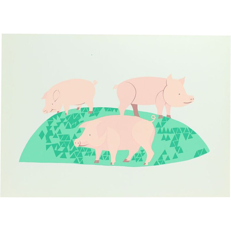 Vintage colored plastic wall art Illustration of three pigs, Czechoslovakia 1960