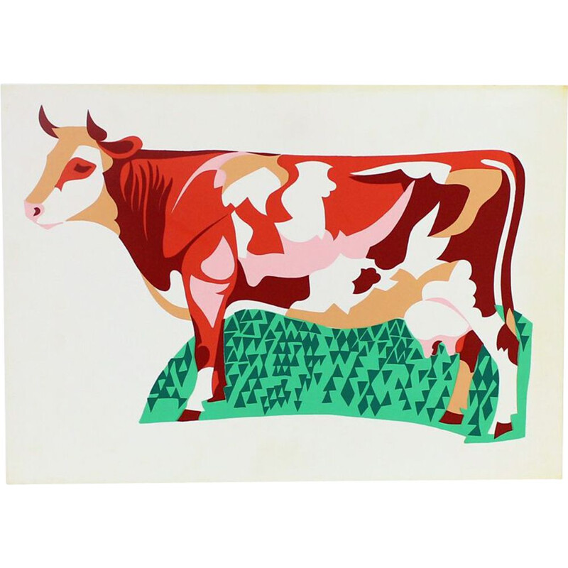 Vintage Colorful Plastic Wall Art Ilustration Of Cow, Czechoslovakia 1960s