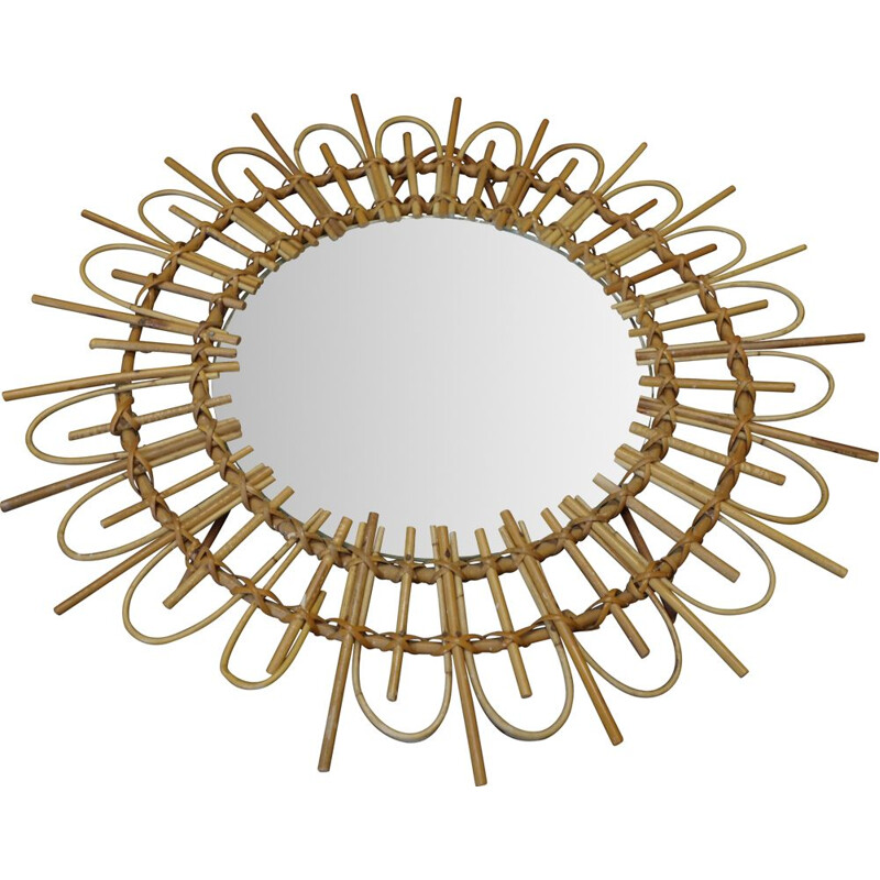 Miroir vintage rond cadre en bambou