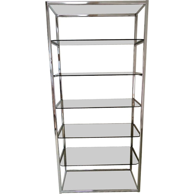 Vintage bookcase with chrome and smoked glass shelves 1970s