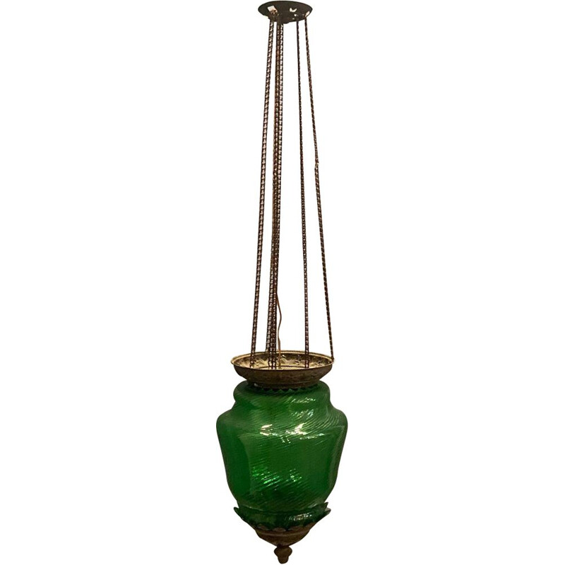 Vintage Liberty Green Glass Bronze Pendant Lamp 1920s