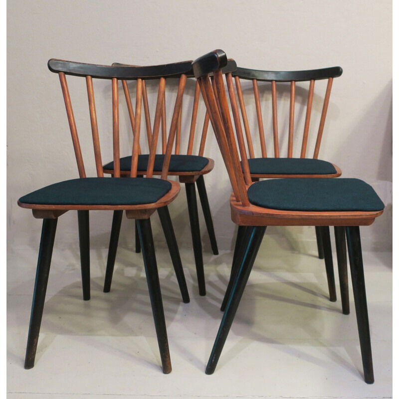 Set of 4 vintage Stick Back Dining Chairs with Petrol Blue Covers 1950s