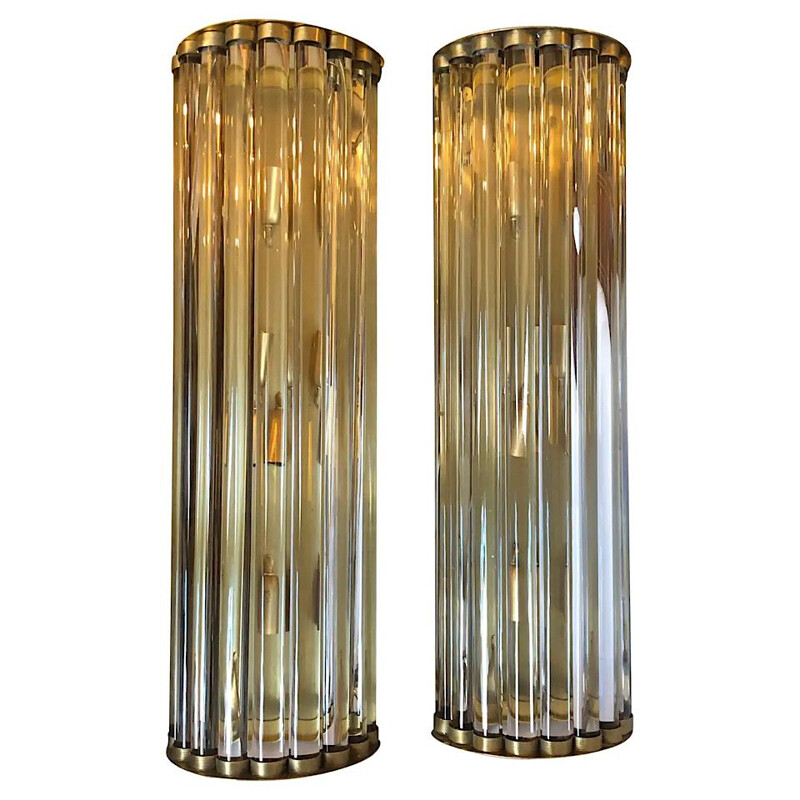 Pair of vintage Huge Modern Brass and Glass Wall Sconces, Italian 1970s