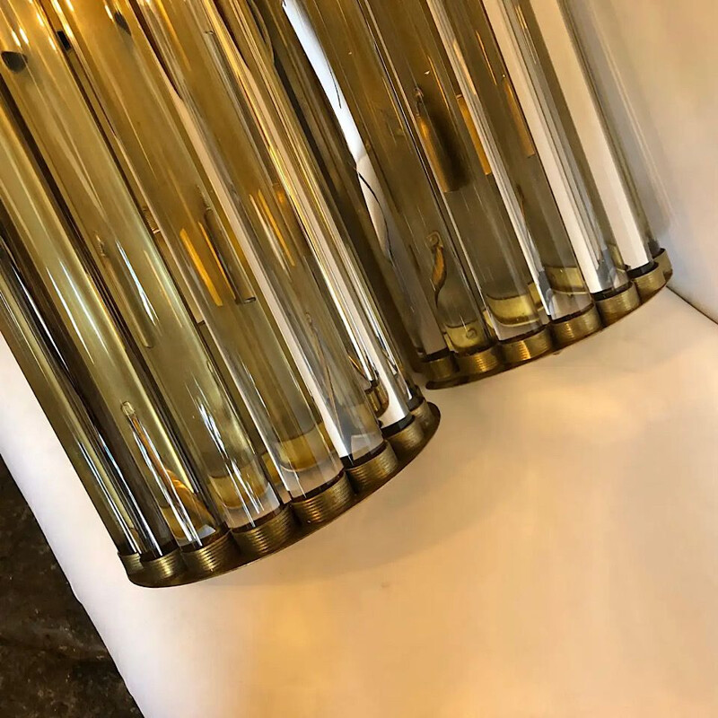 Pair of vintage Huge Modern Brass and Glass Wall Sconces, Italian 1970s