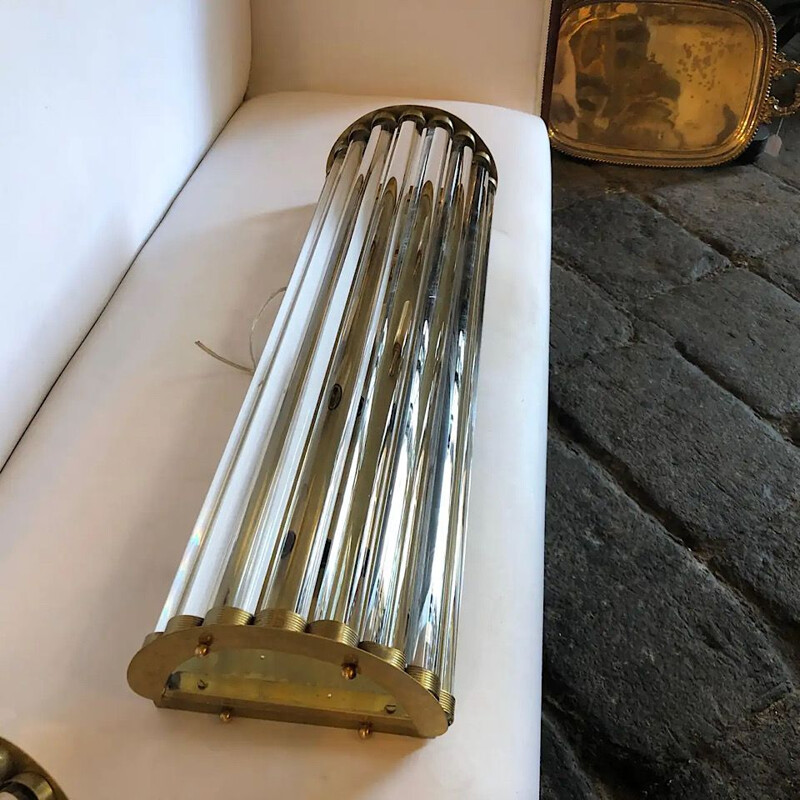 Pair of vintage Huge Modern Brass and Glass Wall Sconces, Italian 1970s